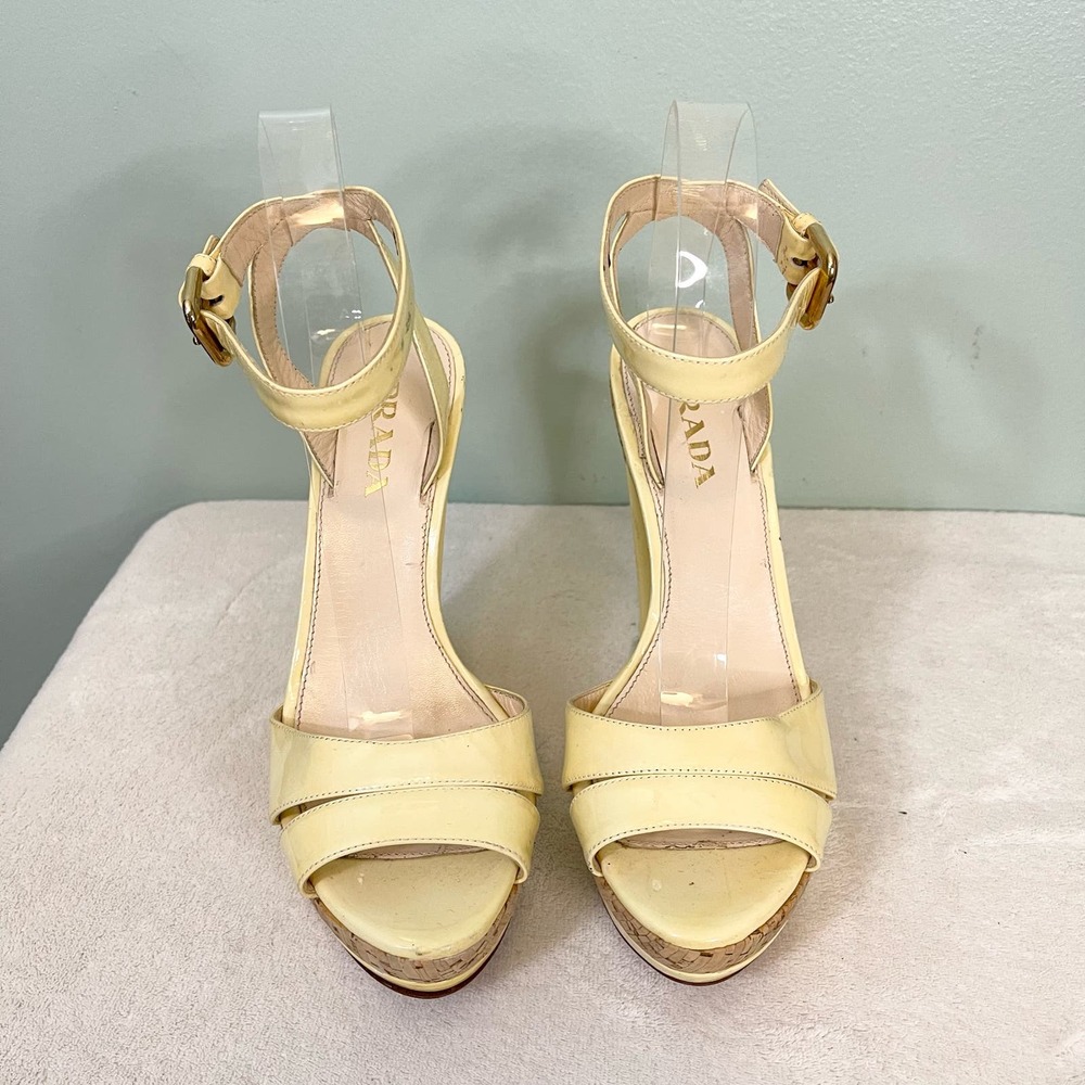 PRADA Women's Yellow Leather Ankle Strap Cork High Heels Sandal Size 36.5 - Picture 3 of 16